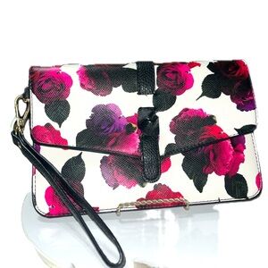 Charming Charlie Floral Rose Clutch Bag Purse Black Pink Purple Magnetic, NWOT